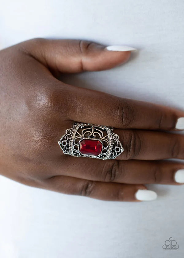 Undefinable Dazzle - Oversized Red Royal Studded Emerald Cut Filigree Ring R#414