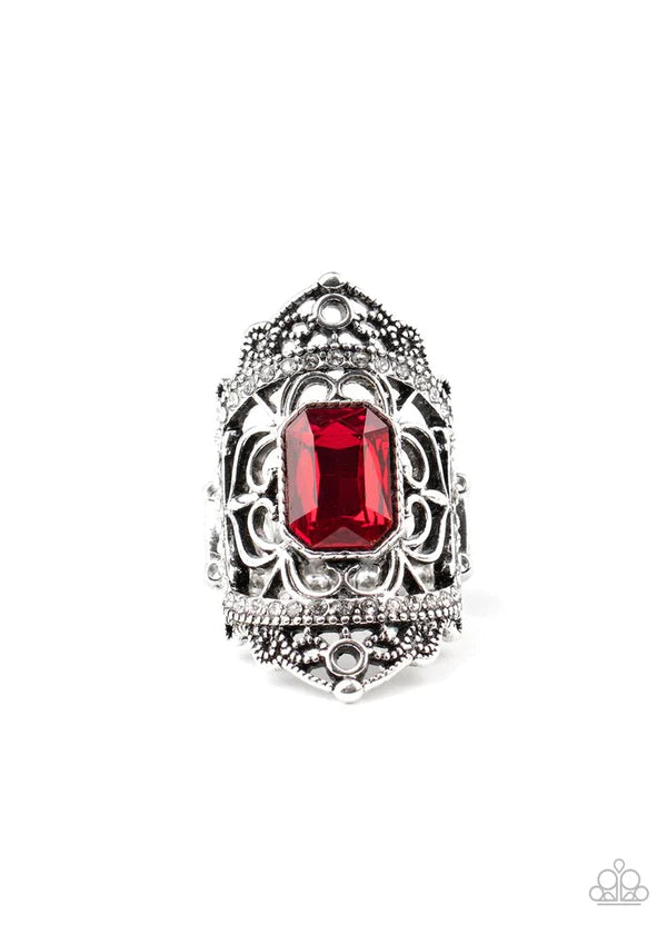Undefinable Dazzle - Oversized Red Royal Studded Emerald Cut Filigree Ring R#414