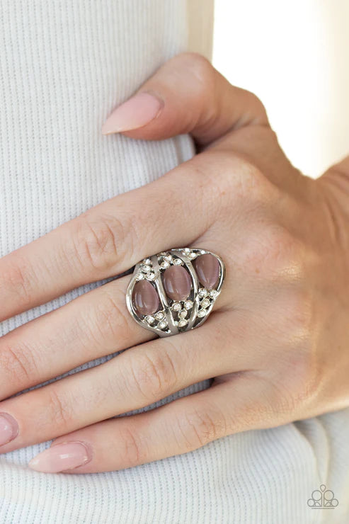 Underrated Shimmer - Oversized Purple Trio Mismatched Encrusted Cat's Eye Moonstone Stacked Ring R#1526