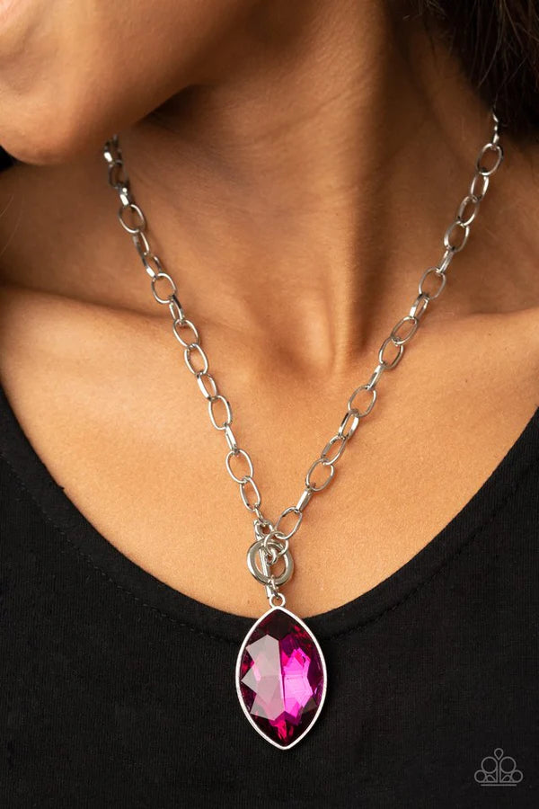 Unlimited Sparkle - Oversized Peacock Pink Regal Marquise Cut Pendant Tiffany Clasp Necklace N#579