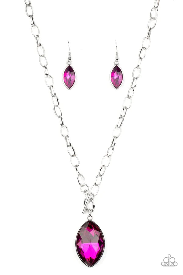 Unlimited Sparkle - Oversized Peacock Pink Regal Marquise Cut Pendant Tiffany Clasp Necklace N#579