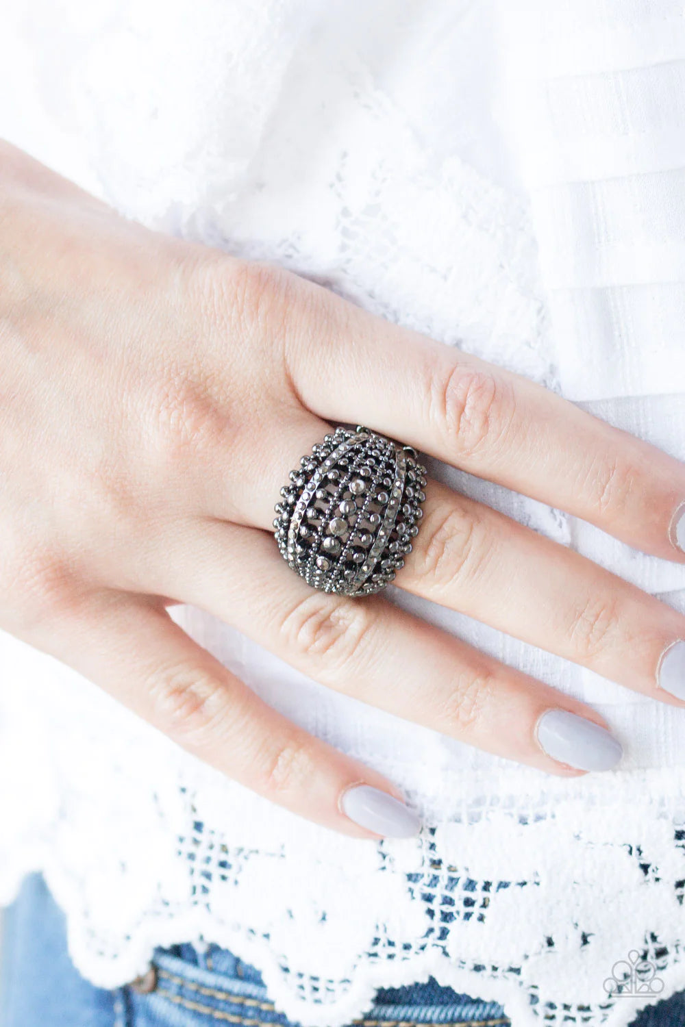 Up In ARMOR - Oversized Black Hematite Encrusted Studded Industrial Ring R#904