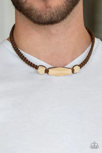 Urban Carpentry - Oversized Brown Geometric Wood Knotted Cord Button Loop Closure Urban Necklace N#1144
