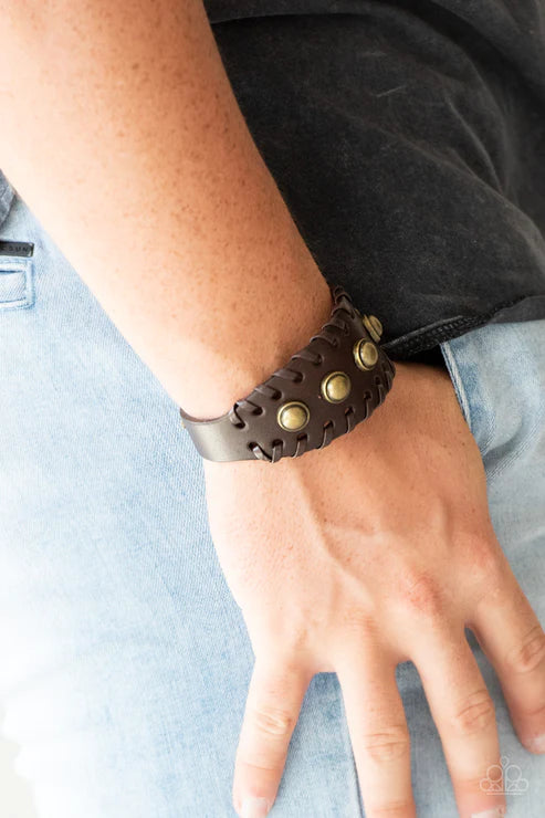 Urban Cowboy - Oversized Brown/Brass Studded Infused Leather Lace Urban Bracelet B#1741