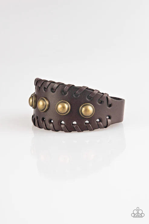 Urban Cowboy - Oversized Brown/Brass Studded Infused Leather Lace Urban Bracelet B#1741