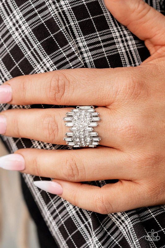 Empire - White Staggered Explosion Flared Emerald Cut Encrusted Ring R#001