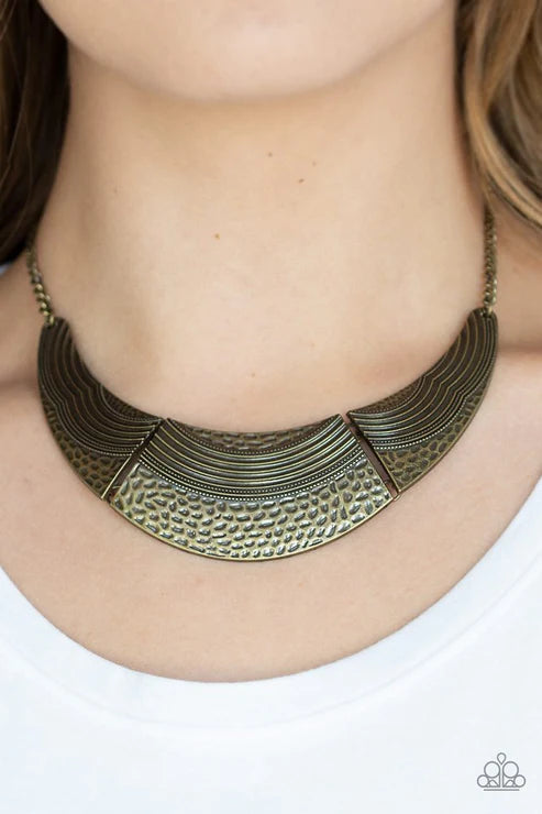 Utterly Untamable - Brass Hammered/Embossed Wavy Linear Plates Half-Moon Pendant Necklace N#1886