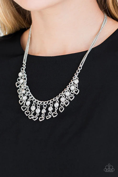 Valentines Day Drama - White 3D Heart Encrusted Fringe Necklace N#1979