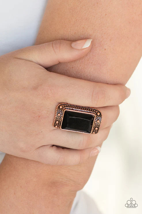 Very HEIR-descent - Oversized Dramatic Copper/Black Studded Emerald-Cut Ring R#2129