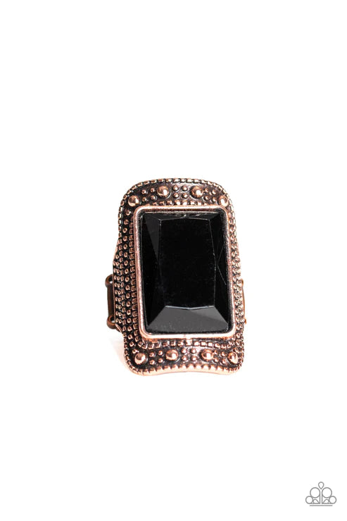 Very HEIR-descent - Oversized Dramatic Copper/Black Studded Emerald-Cut Ring R#2129