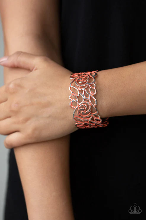 Victorian Gardens - Oversized Orange (Coral) Distressed 3D Floral Filigree Curled Cuff Bracelet B#1901