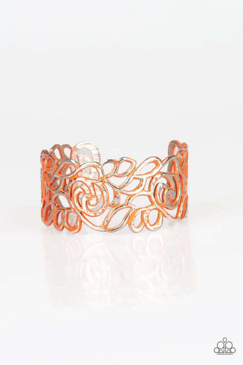 Victorian Gardens - Oversized Orange (Coral) Distressed 3D Floral Filigree Curled Cuff Bracelet B#1901
