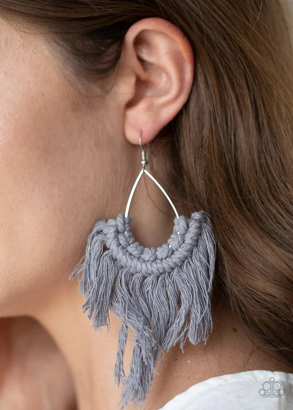 Wanna Piece Of MACRAME? - Oversized Silver Macrame Knotted Sleet Tassel Teardrop Fringe Earrings E#358
