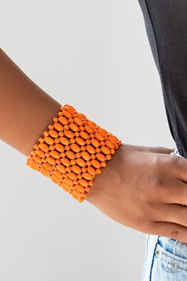 Way Down In Kokomo - Oversized Orange Round/Oval Weaved Wood Bracelet B#347