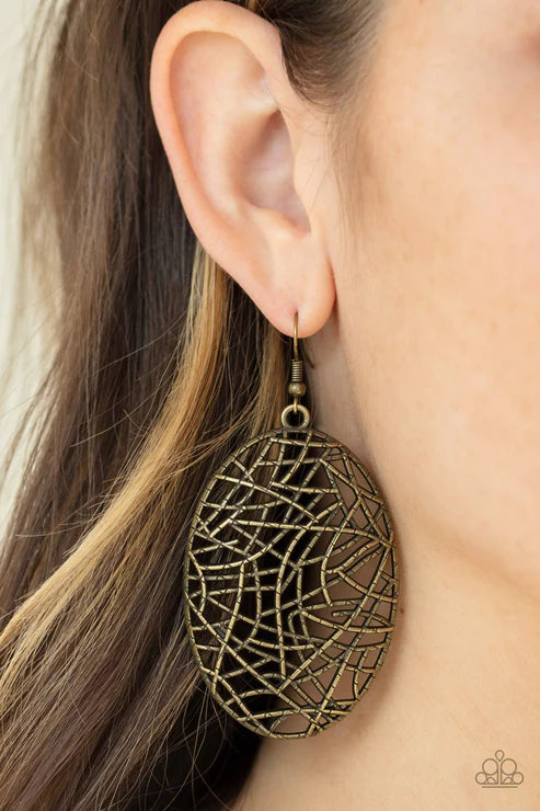 Way Out of Line - Oversized Brass Oval Shattered Crisscross Earrings E#2241