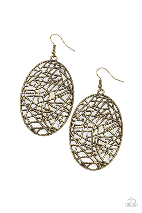 Way Out of Line - Oversized Brass Oval Shattered Crisscross Earrings E#2241
