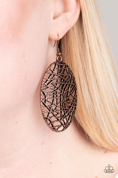 Way Out of Line - Oversized Copper Oval Shattered Crisscross Earrings E#2210