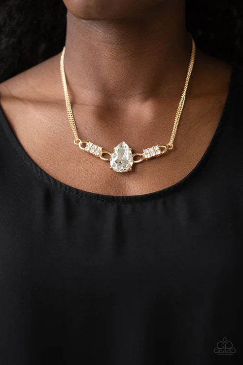 Way To Make An Entrance - Oversized Gold/White  Horizontal Teardrop Necklace N#2157