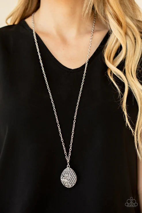Wearable Wildflowers - Oversized Silver Ornate 3D Wildflowers Climb Backdrop Locket Necklace N#2072
