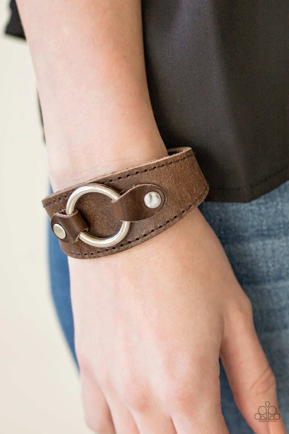 Western Wrangler - Oversized Brown Ring Studded Rustic Rugged Leather Adjustable Snap Closure Urban Bracelet B#1158