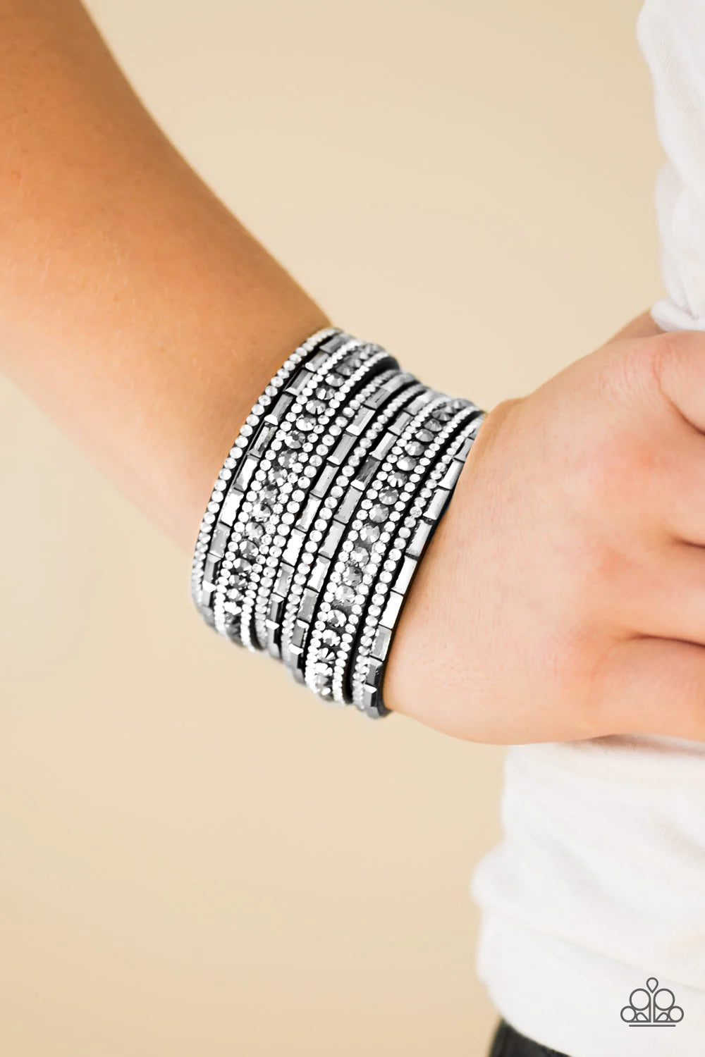 Wham Bam Glam - Black/White Glassy/Smoky Hematite Encrusted Suede Bracelet B#1029
