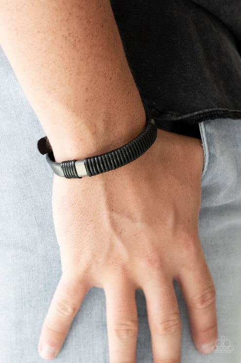 What Happens On The Road - Black Infused Metallic Cord Accents Leather Urban Bracelet B#1637