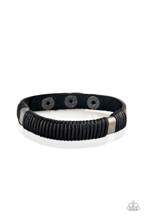 What Happens On The Road - Black Infused Metallic Cord Accents Leather Urban Bracelet B#1637