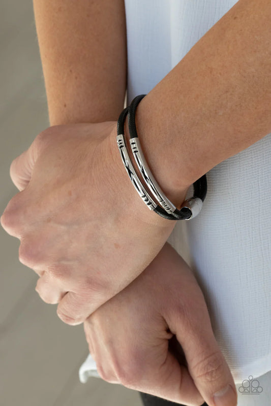 What a WANDER-ful World - Black Stenciled Cutouts Slide Along Cord Tribal Magnetic Urban Bracelet B#506