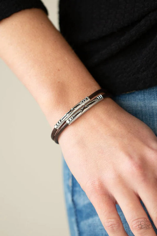 What a WANDER-ful World - Brown Stenciled Cutouts Slide Along Cord Tribal Magnetic Urban Bracelet B#364