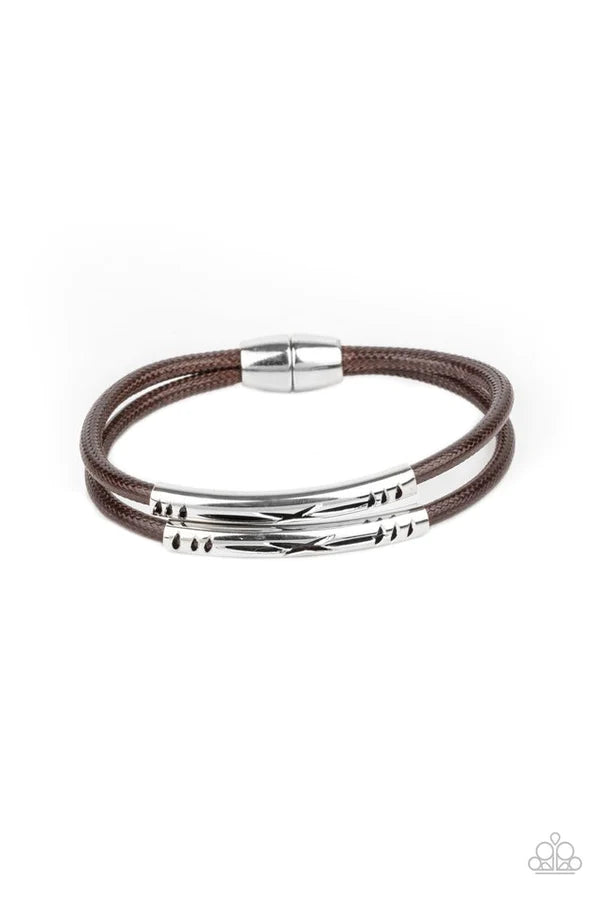 What a WANDER-ful World - Brown Stenciled Cutouts Slide Along Cord Tribal Magnetic Urban Bracelet B#364