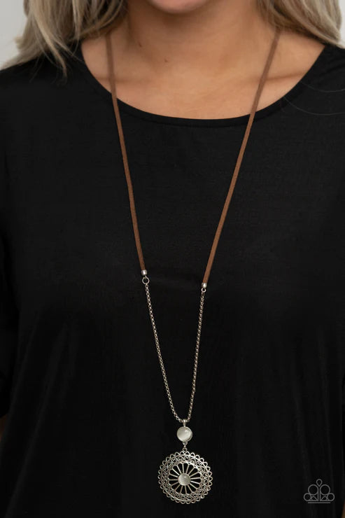 Where No MANDALA Has Gone Before - White Mandala Floral Cat's Eye Moonstone Suede Necklace N#2564