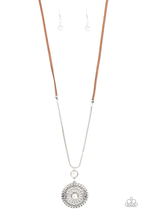 Where No MANDALA Has Gone Before - White Mandala Floral Cat's Eye Moonstone Suede Necklace N#2564