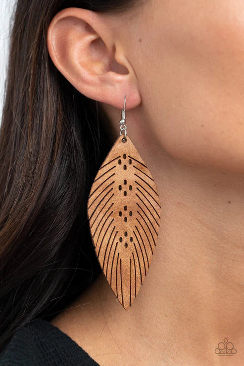 Wherever The Wind Takes Me - Oversized Brown Stenciled Spliced Feather Distressed Leather Earrings E#2252