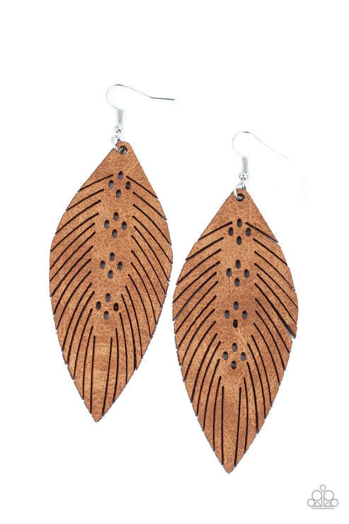 Wherever The Wind Takes Me - Oversized Brown Stenciled Spliced Feather Distressed Leather Earrings E#2252