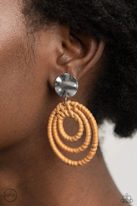 Whimsically Wicker - Brown Wrapped Wicker Hammered Disc Clip-On Earrings E#530