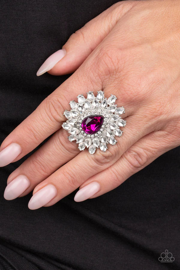 Whos Counting? - Oversized Pink (Peacock) White Teardrop Petals Fan Out Dramatic Pink Teardrop Center Stacking Centerpiece Ring R#104