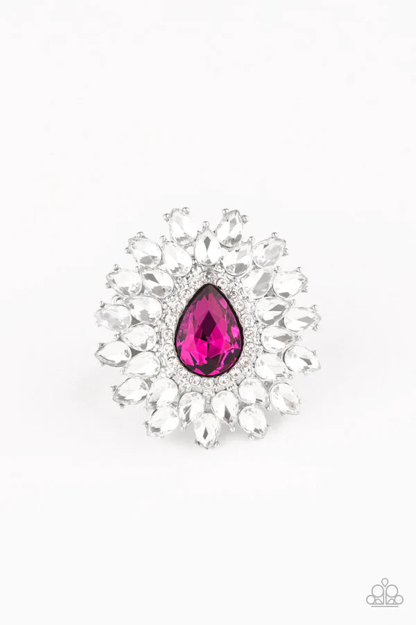 Whos Counting? - Oversized Pink (Peacock) White Teardrop Petals Fan Out Dramatic Pink Teardrop Center Stacking Centerpiece Ring R#104