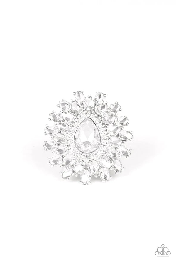 Whos Counting? - Oversized White White Teardrop Petals Fan Out Dramatic Teardrop Center Stacking Centerpiece Ring R#999