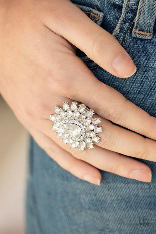 Whos Counting? - Oversized White White Teardrop Petals Fan Out Dramatic Teardrop Center Stacking Centerpiece Ring R#999