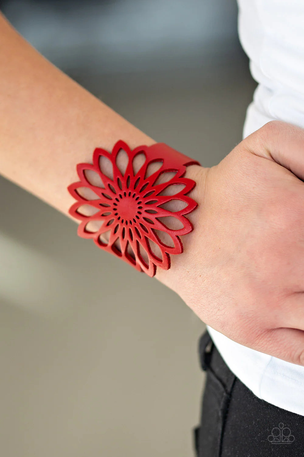 Wildly Wildflower - Oversized Red Airy Stenciled Wildflower Leather Bracelet B#1041