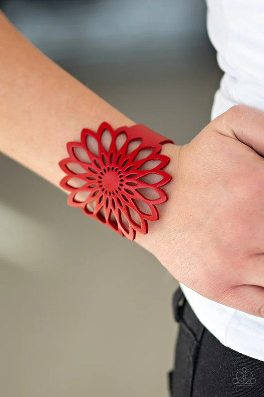 Wildly Wildflower - Oversized Red Airy Stenciled Wildflower Leather Bracelet B#1041