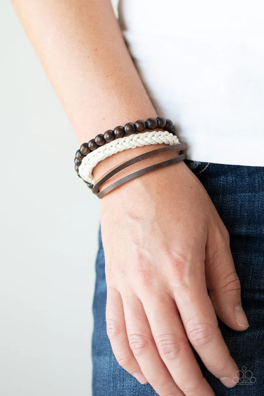 Wildly Wrangler - Oversized Brown Earthy Mismatched Wood/Leather/Braided Twine Layered Sliding Knot Closure Urban Bracelet B#1135