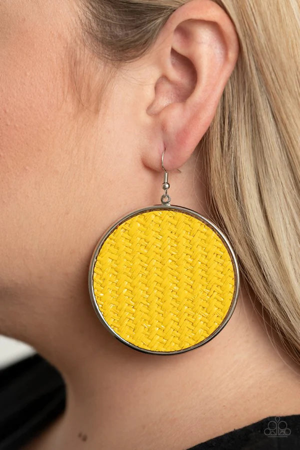 Wonderfully Woven - Oversized Yellow Woven Weaved Twine Disc Earrings E#1470