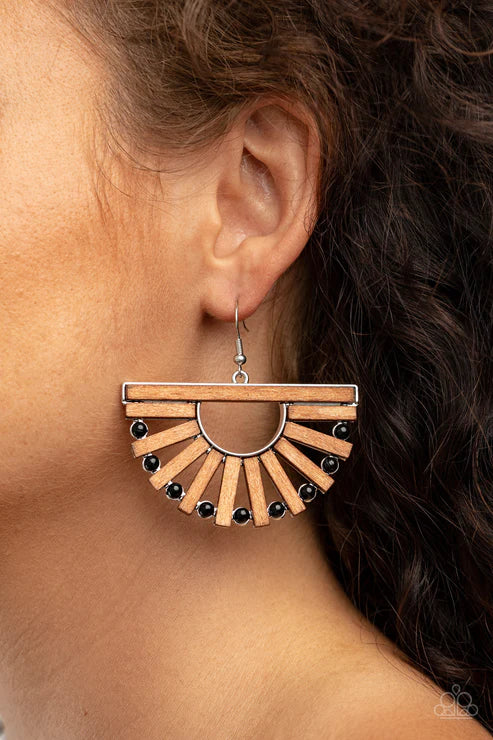 Wooden Wonderland - Oversized Black Airy Wooden Rectangular Dotted Coalescing Crescent Earrings E#2614