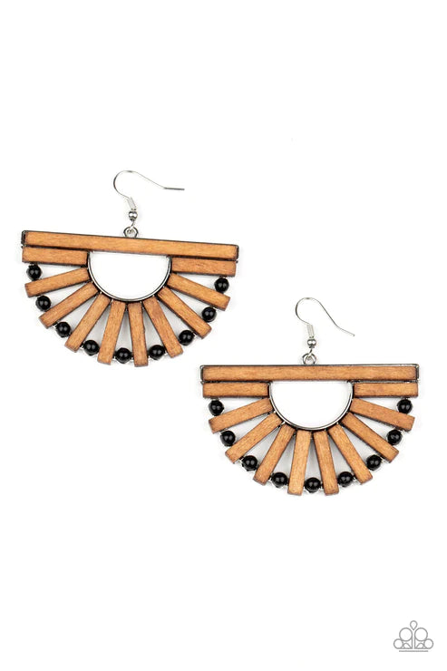 Wooden Wonderland - Oversized Black Airy Wooden Rectangular Dotted Coalescing Crescent Earrings E#2614