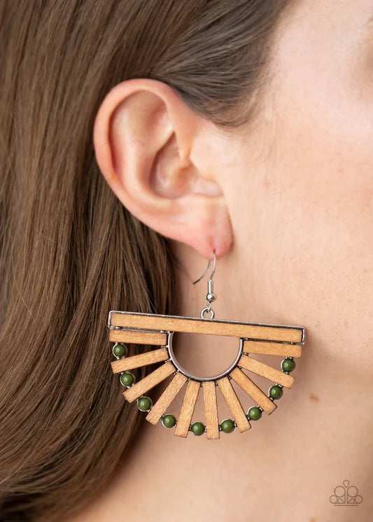 Wooden Wonderland - Oversized Green (Military Olive) Airy Wooden Rectangular Dotted Coalescing Crescent Earrings E#1473