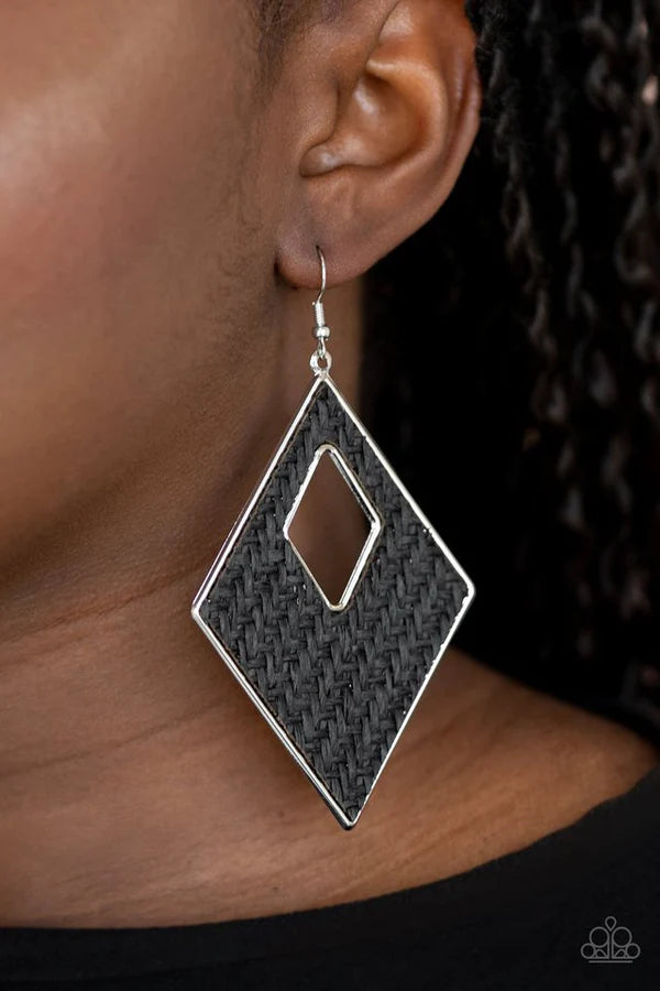 Woven Wanderer - Oversized Black Diamond Woven Weaved Wicker Earrings E#784