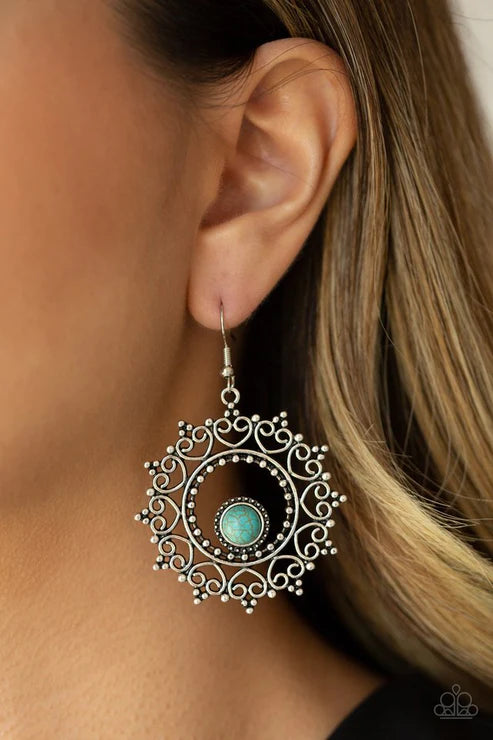 Wreathed in Whimsicality - Blue Studded Stone Heart Filigree Wreath Earrings E#1806