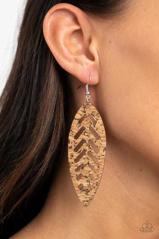 Youre Such A CORK - Oversized Brown Airy Cut Stenciled Leafy Earthy Flair Cork Earrings E#2409