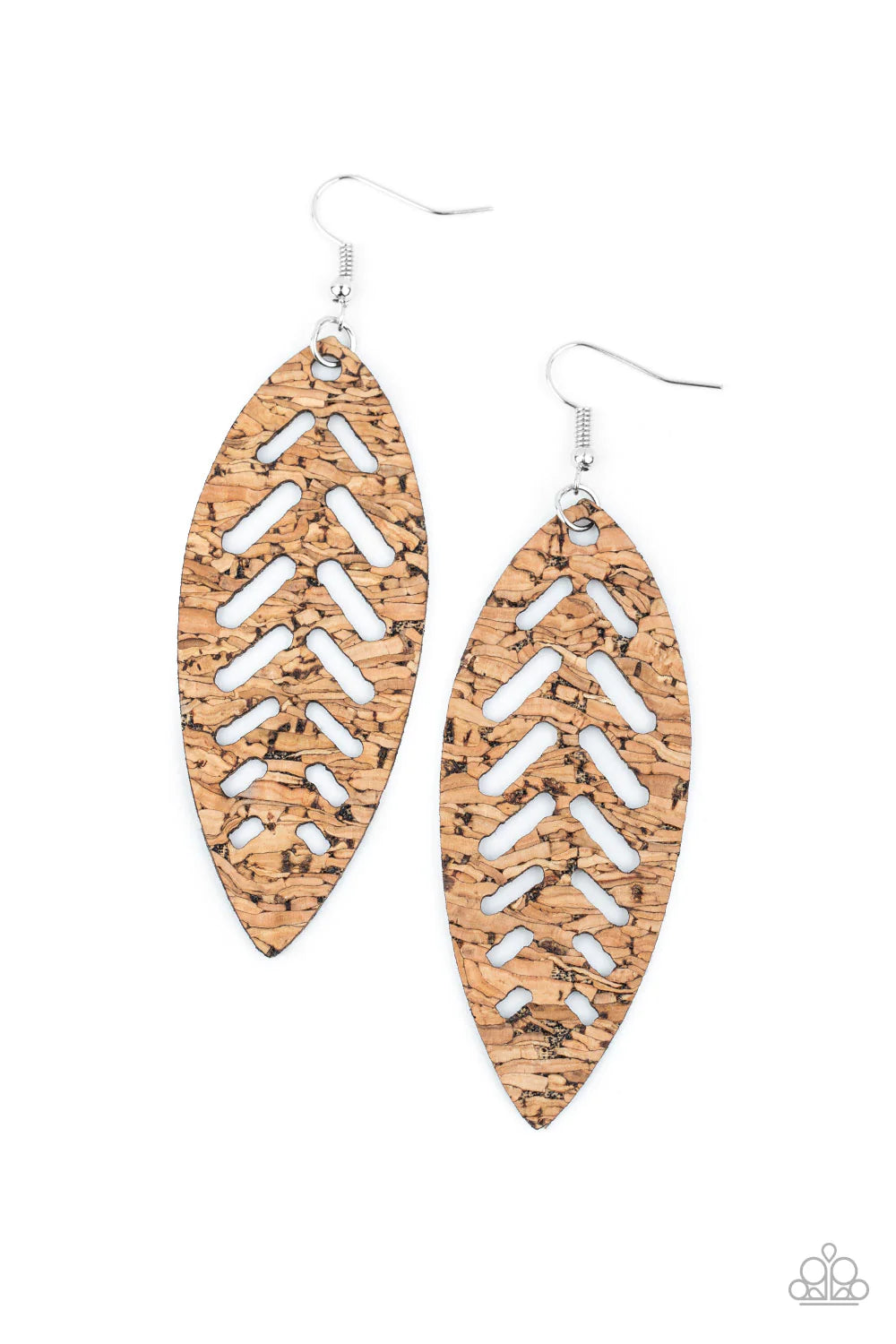 Youre Such A CORK - Oversized Brown Airy Cut Stenciled Leafy Earthy Flair Cork Earrings E#2409